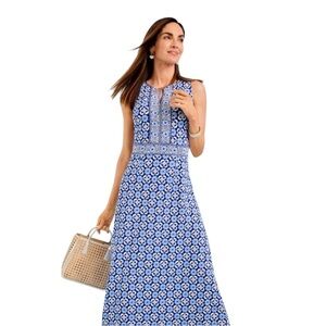 Talbots Effortless Jersey Maxi Dress Sz P (petite) Blue White Floral Tiles